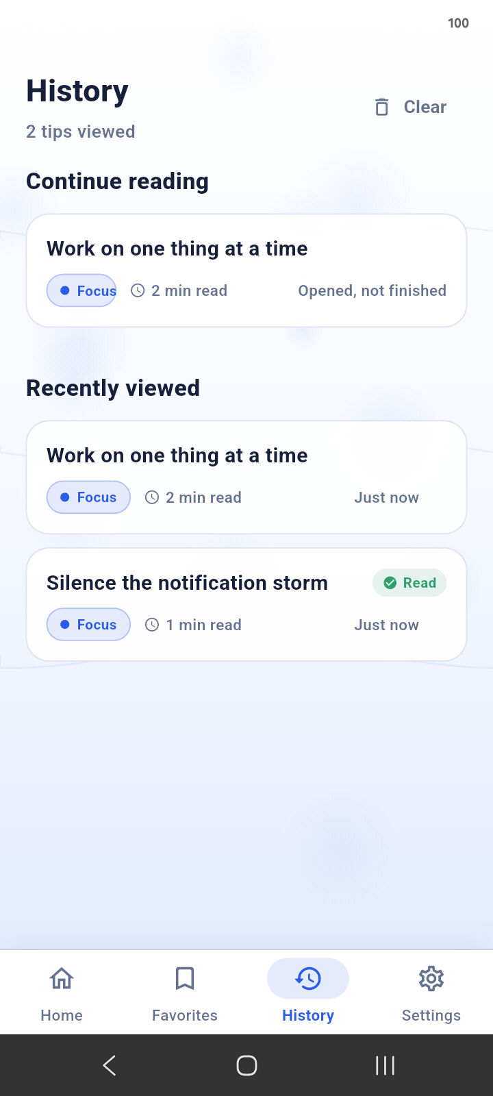 White Productivity Guide history screen