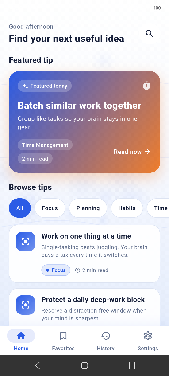 White Productivity Guide home screen